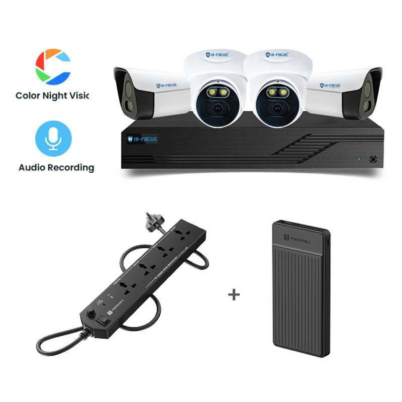 Picture of Hi-Focus 4 CCTV Cameras Combo (2 Indoor & 2 Outdoor CCTV Cameras) (Colour View With Mic) 👨🏻‍🔧With CCTV Installation + 4CH DVR + HDD + Accessories + Power Supply + 90m Cable  + Portronics Power Plate 10 + Portronics 10000 mAh Power Bank 